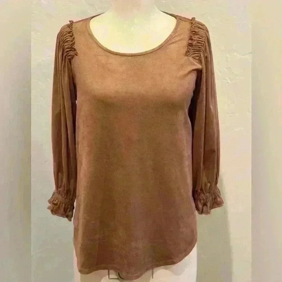 Faux‎ Suede Hazelnut Top Frilled Detailed Sleeves Sz S - Picture 1 of 10